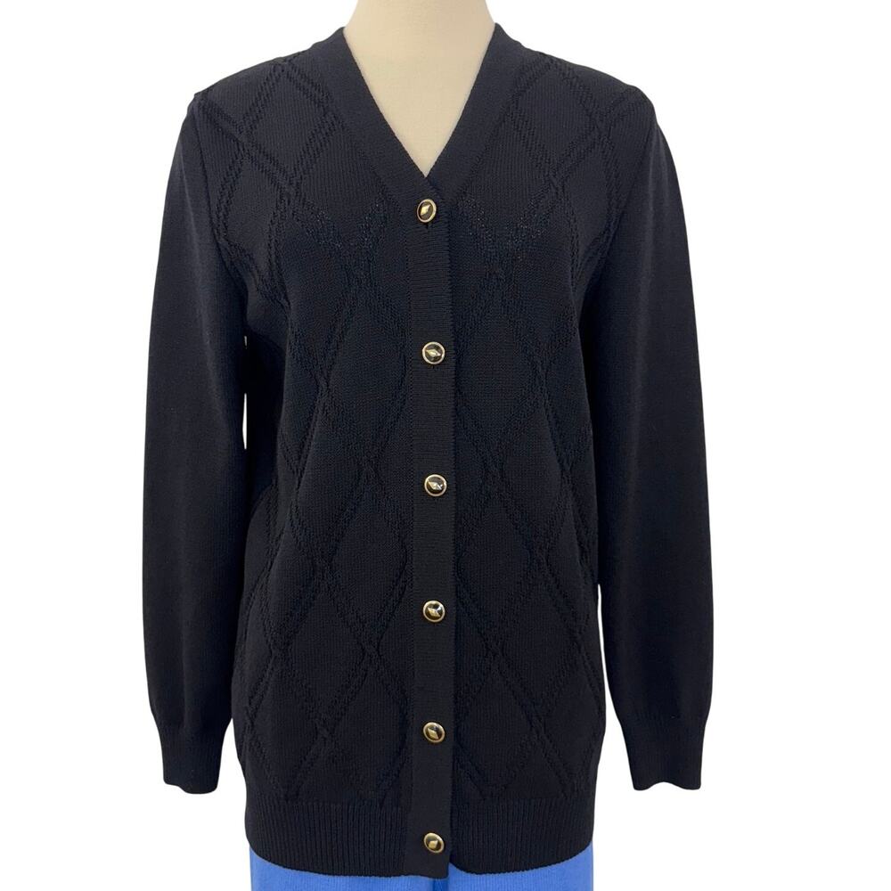 St. John Button-Down Santana Knit Cardigan Sweater Argyle Black Long Sleeve P/S